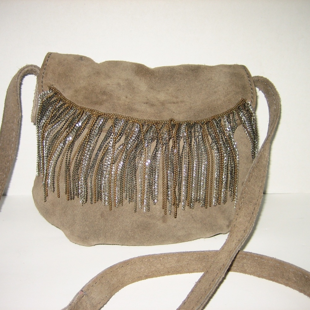 LUCKY BRAND Taupe Suede & Fringe Crossbody Bag